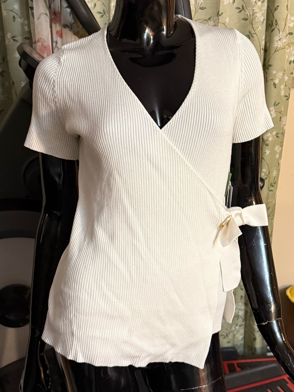 Cream Ribbed V-Neck Wrap Sweater with Side Tie
